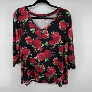 Pioneer Woman XXL V-Neck Black And Red Floral Top Tunic Cottagecore 3/4 sleeve